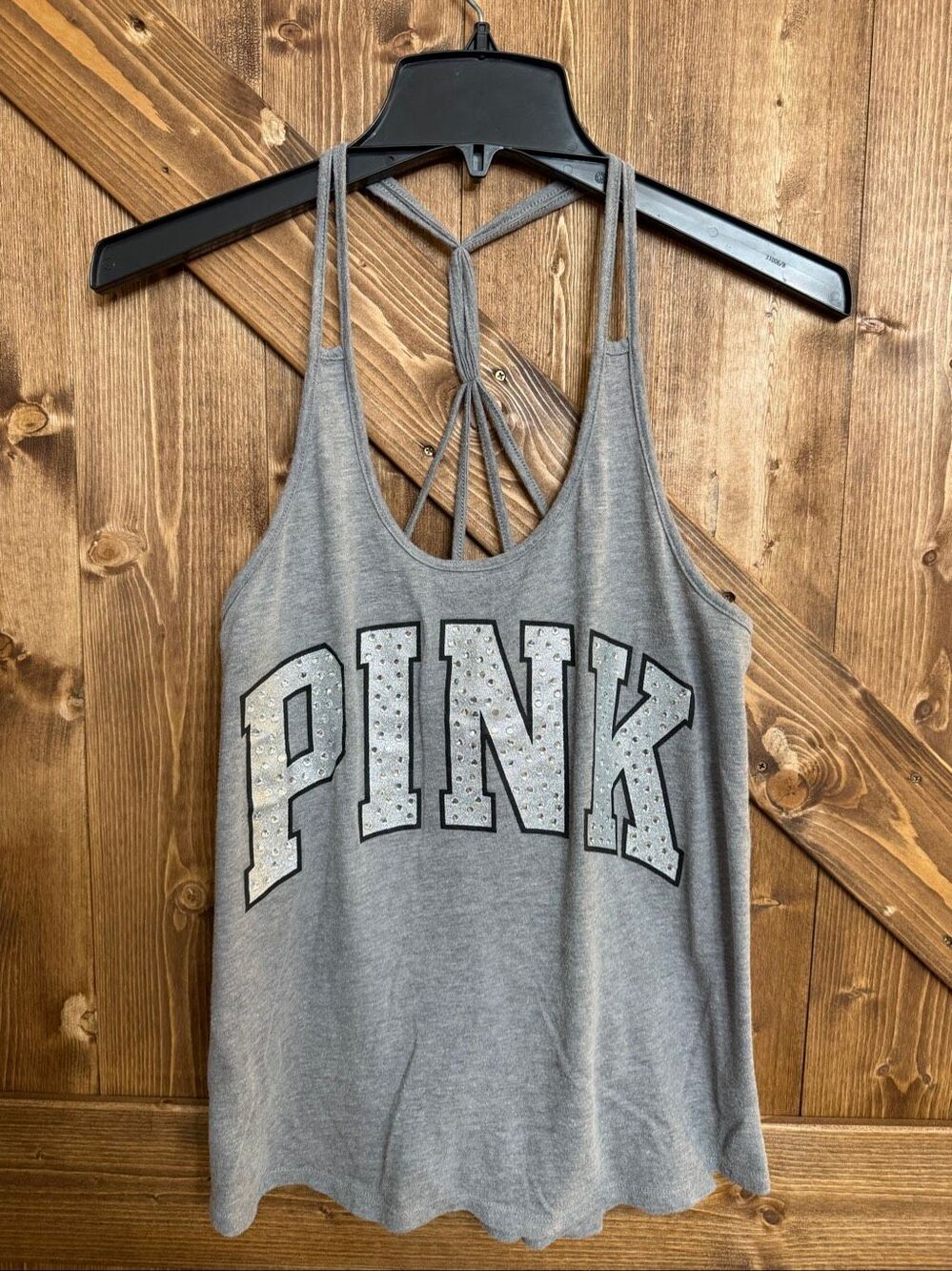 PINK Victoria’s Secret Women’s Small Gray Rhinestone Logo Strappy Back Tank Top(